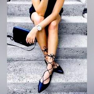 Aquazurra Christy Ballet Flat Black and White Tie Strap Rare Embossed Print 37.5